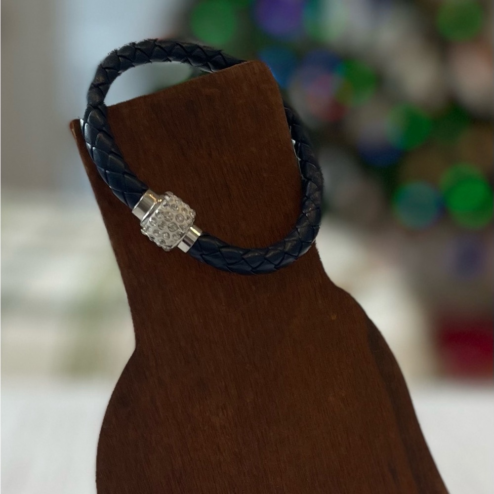 Navy Blue Braided leather bracelet rhinestone stainless steel magnetic closure